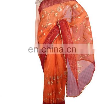 Exclusive Designer Embrided Zari Work Fancy Colour Border Cotton Orange Saree Sari