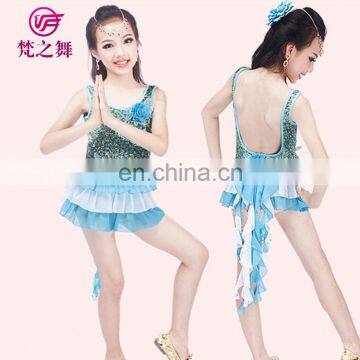 Nice design shiny sequins fabric children grils latin dance dancing clothes skirt with long tail ET-114