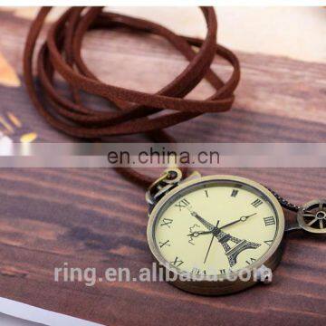 Vintage Eiffel Tower Logo Bronze Pocket Watch With Leather Chain photo-2