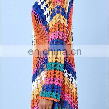 Бохо ручной работы многоцветное вязанное платье. Сексуальное платье с вырезом и прозрачными участками, мини пляжное платье, купальник, женский туник, пляжный купальный костюм-кавер photo-4