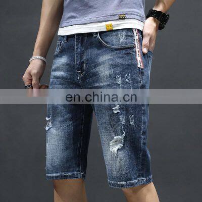 customized logo summer cotton fabric classical blue ripped denim jeans shorts for men