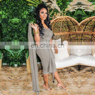 Cross-border Fashion Sexy Suit 2021 New Pit Strip Long-sleeved Trendy Cloak Suspender Skirt Two-piece Suit photo-3
