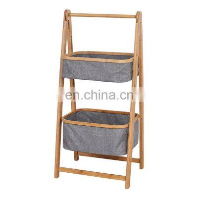 foldable collapsible Basket Storage 3-Tier multipurpose shelf with Bamboo Frame and Pull-Out Fabric Baskets for living room