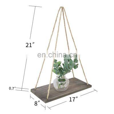 Hanging Shelves Bathroom and Kitchen Bedroom Living Room Brown Shelf Rope Wall Wood Floating 4 Hooks Rustic Hanging Shelf photo-2