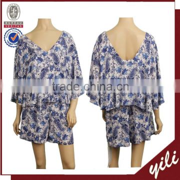 2016 Digital floral printed cotton rayon v-neck African print ladies short jumpsuits