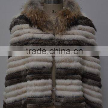 women fashion knitted real rabbit fur coat with raccoon trimming LK16F094