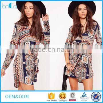 Floral printed women long sleeve one piece hippie casual dress