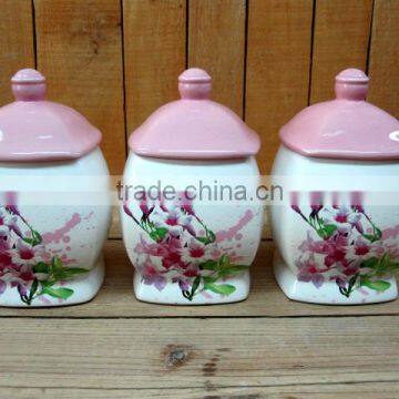 Morning Glory Decal Ceramic Tea Coffee Sugar Jars Set with Pink Lid