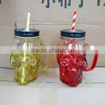 Beautiful Colored With Lid & Drinking Straw Glass Skull Head Mason Jar With Handle