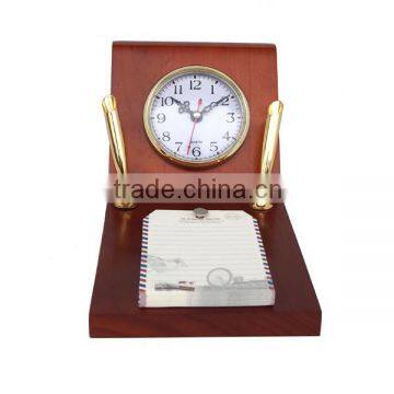 Antique multi-functional wooden desk clock with pen