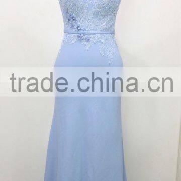 K142 spaghetti strap sleeveless sexy mermaid backless sky blue evening dress with train