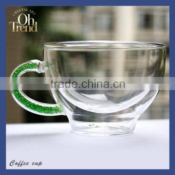 Multi-function thin glass tea cup heart shaped tea cup tea cup with logo with logo with blue diamond green shank unique style