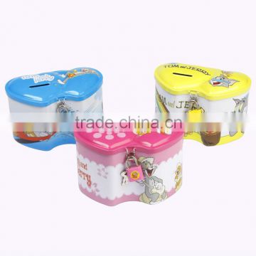 Tin double-heart shaped kids cartoon coin bank with lock