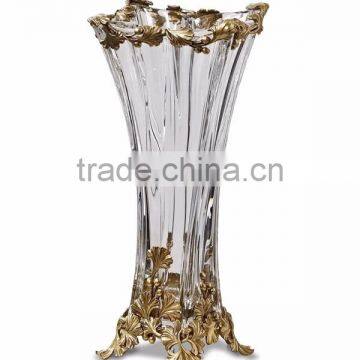 Bronze Casting Leaves Design Crystal Flower Vase, Home Decorative Square Crystal Vase With Gilt Bronz Base