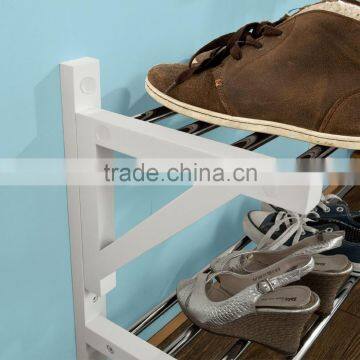 Wood Wall Mounted Shoe Rack, Bathroom Towel Shelf, Wall Display Shelf Unit With Two Stainless Steel Racks, White photo-5