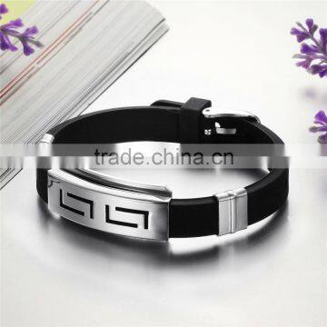 New Fashion Jewelry Silicone Rubber Silver Sleepy Hollow Strip Grain Stainless Steel Men Bracelet Bangle photo-2