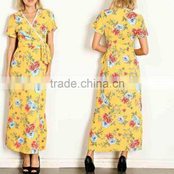 kaftan dress beach wear women 95% POLYESTER 5% SPANDEX FLORAL PRINT SURPLICE RIBBON TIE MAXI DRESS Evening gowns long