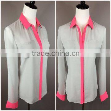 Latest Womens Gray/Pink Chiffon Button-Down Dress Shirt OL Career Blouse