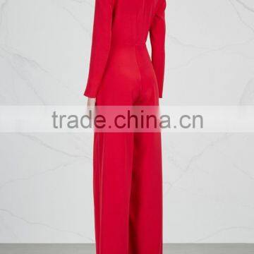 Wholesale Women Apparel Red Stretch Silk Tie-front Wid-leg Jumpsuit(DQE0137J) photo-2