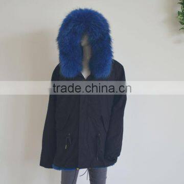 Myfur Hot Sale Black Cotton Women Men Parka With Real Black Raccoon Fur Collar Trimmed Hood photo-3