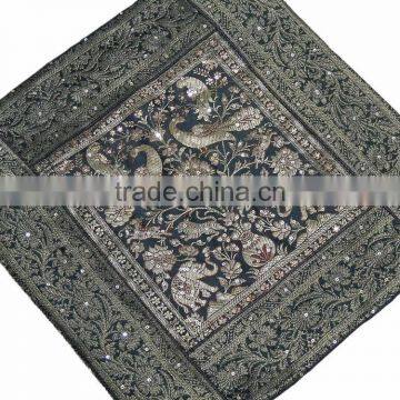 Sari Cushion Cover - Green Peacock Elephant Brocade Sequin Throw Pillow 16" photo-2