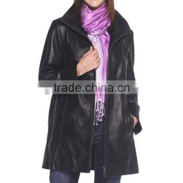 Women leather long coat with front zipper