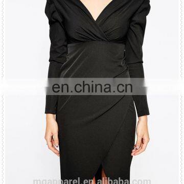 Fashion Women Cheap Sexy Long Sleeve V-neckline Frill Shoulder Pencil Skirt Midi Dress photo-4
