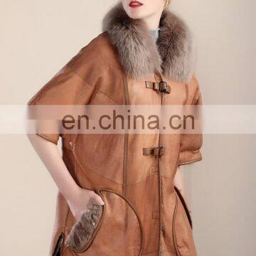 Fashion Design Fox Fur Collar Sheep Fur And Skin Jacket Short Sleeves Fur Coat Trend Winter Fur Dress photo-2