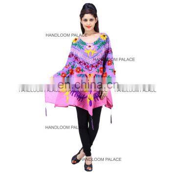 Handmade Indian Pink Color Ethnic Embroidery Poncho Throw Plus Size Kaftan Women Cotton Dress