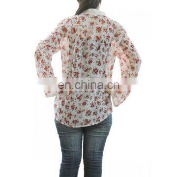 White Floral Front Button Full Sleeve Top for Girls photo-4
