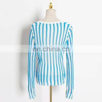 TWOTWINSTYLE Korean Striped Knitted Women Sweater V Neck Long Sleeve Tunic Slim Hit Color photo-4