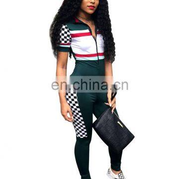 Summer Sexy V Neck Jumpsuits Plaid High Waist Rompers Front Zipper Womens Jumpsuit Bodycon Overalls Short Sleeve Playsuit photo-2