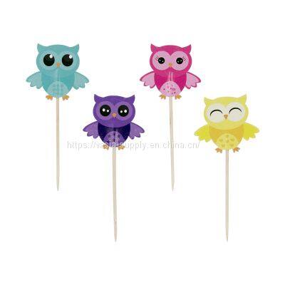 Colorful Owl Wood Picks fruit kabobs skewers cocktail Toothpicks Cupcake Appetizers Cake Toppers Signs Party