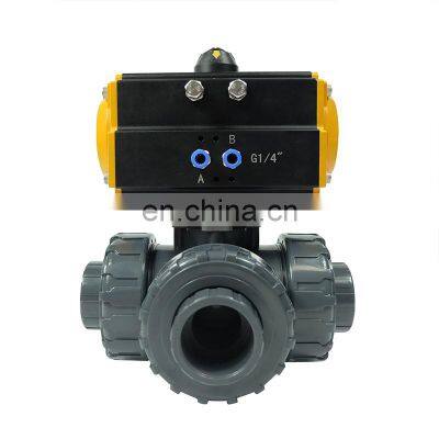 DKV 2 inch double acting actuated motorized control triple union plastic 3 way pvc pneumatic ball valve for water air