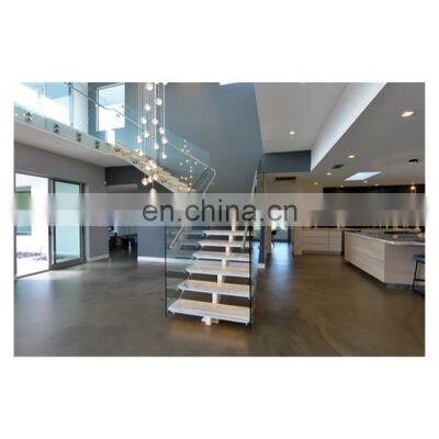 Stainless steel glass mono stringer white wood staircase