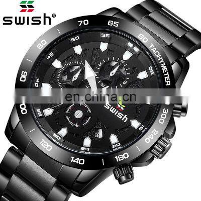 SWISH Men's Large Dial Fashion Stainless Steel Band Watch Business Casual Sports Calendar Luminous Quartz Watch Waterproof Watch