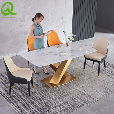 Luxury modern dining room slate dining table with gold stainless steel frame rectangle table furniture