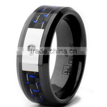 Black Ceramic Men's CZ Black and Blue Carbon Fiber Inlay Ring