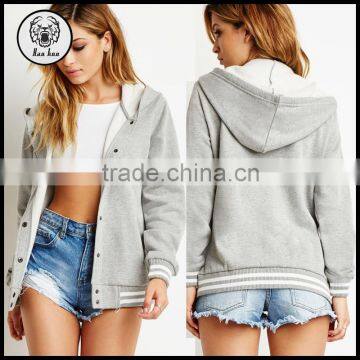 Long Sleeve Knit Cotton Snap Button Front Hoodies with Varsity Striped Hem