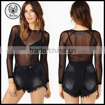 Fancy Ladies Tops Autumn 2015 Long Sleeve Sheer / Transparen Sexy Women t Black Mesh Tops