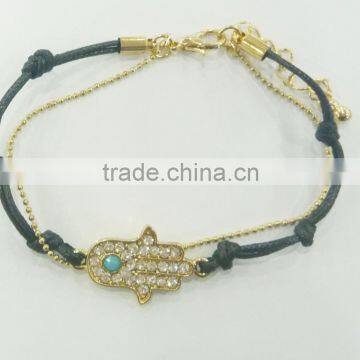 FASHION 2 ROWS HAMSA HAND KNOTTED WAX CORD BALL CHAIN BRACELET WITH CRYSTAL STONES