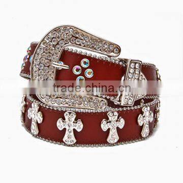 Wholesale Women's Fashion Trendy Rhinestone Cross Brown Leather Belt