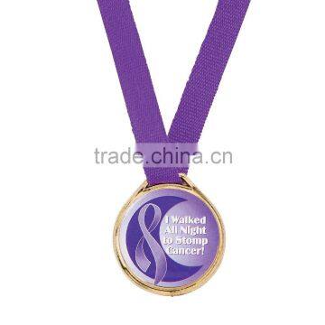 High Quality Promotional Souvenirs Plastic Gold Award Medals with Custom Purple Awareness Ribbon Design Sticker Label