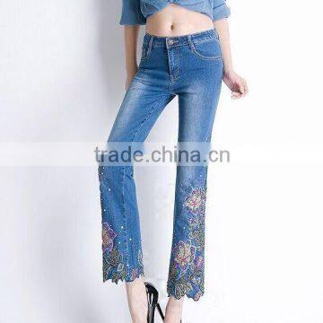 The high-end handmade beaded skinny Weila elastic nine embroidered jeans