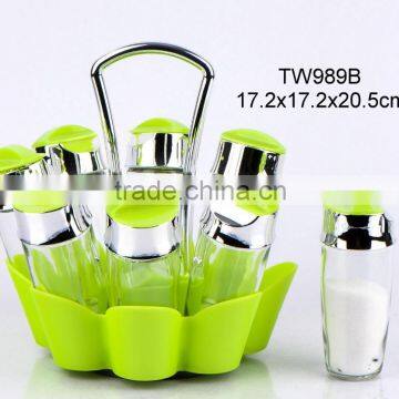 TW989B 8pcs glass spice jar set with plastic stand