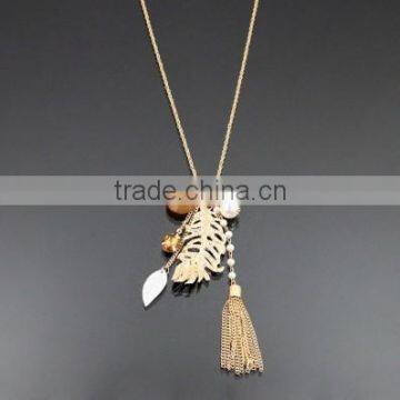 CRYSTAL & LEAF CHARMS FASHION TASSEL NECKLACE