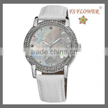 Shell Dial Watch White Genuine Leather Girl Quartz Watch CZ Stone