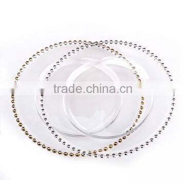 Hot Selling Wedding Decoration Gold Silver Beaded Glass Charger Plate