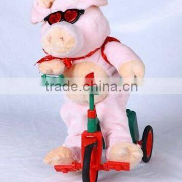 Riding tricycle & Singing pink Pig with glasses, plush electronic & movement toys