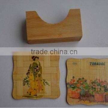 6 pcs Chinese Image Pattern Nature Bamboo Woode Coaster Kitchen Cup Mat with Wooden Holder Set